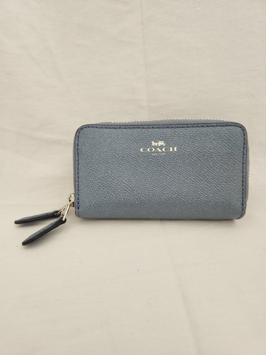 Coach Mini Metallic Blue Leather Double Zip Around Card Wallet