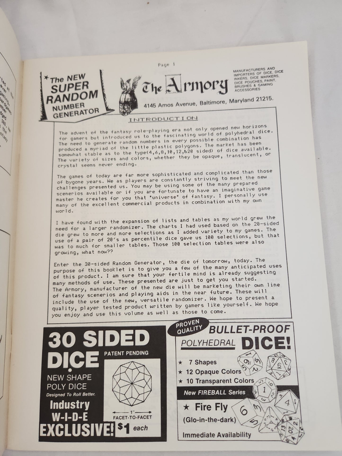 1982 - The Armory's 30 Sided Dice Gaming Tables # 8001 (role-playing guide)