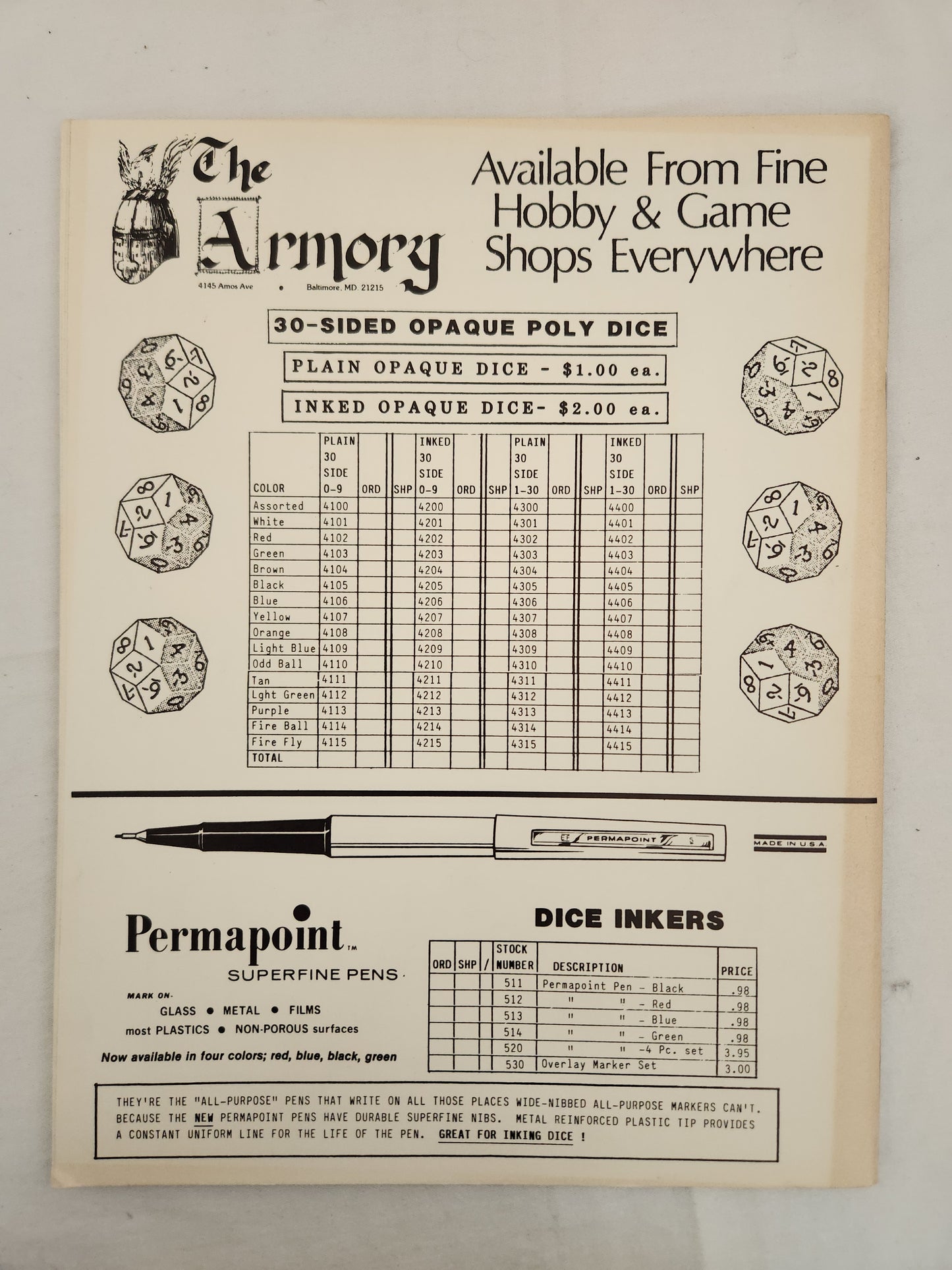 1982 - The Armory's 30 Sided Dice Gaming Tables # 8001 (role-playing guide)