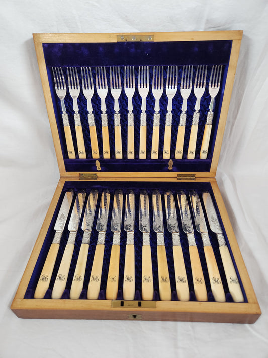 VTG - Silver-plated Faux Bone Knife & Fork Set with Oak Storage Box