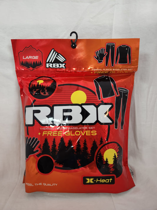 RBX Black Thermal Fleece Baselayer Set + Free Gloves - Size: Large