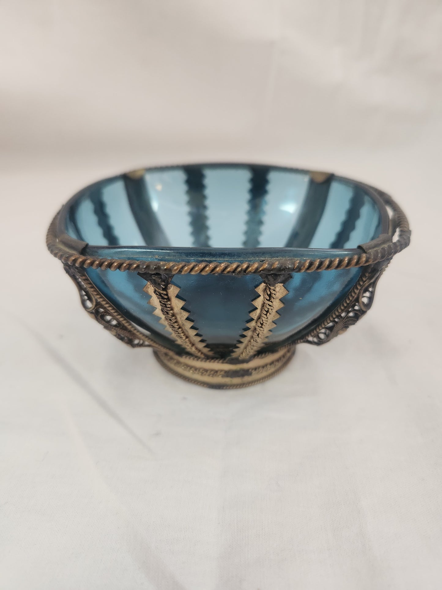 Vintage - Vereco France Blue Glass Bowl with Silver Metal Overlay