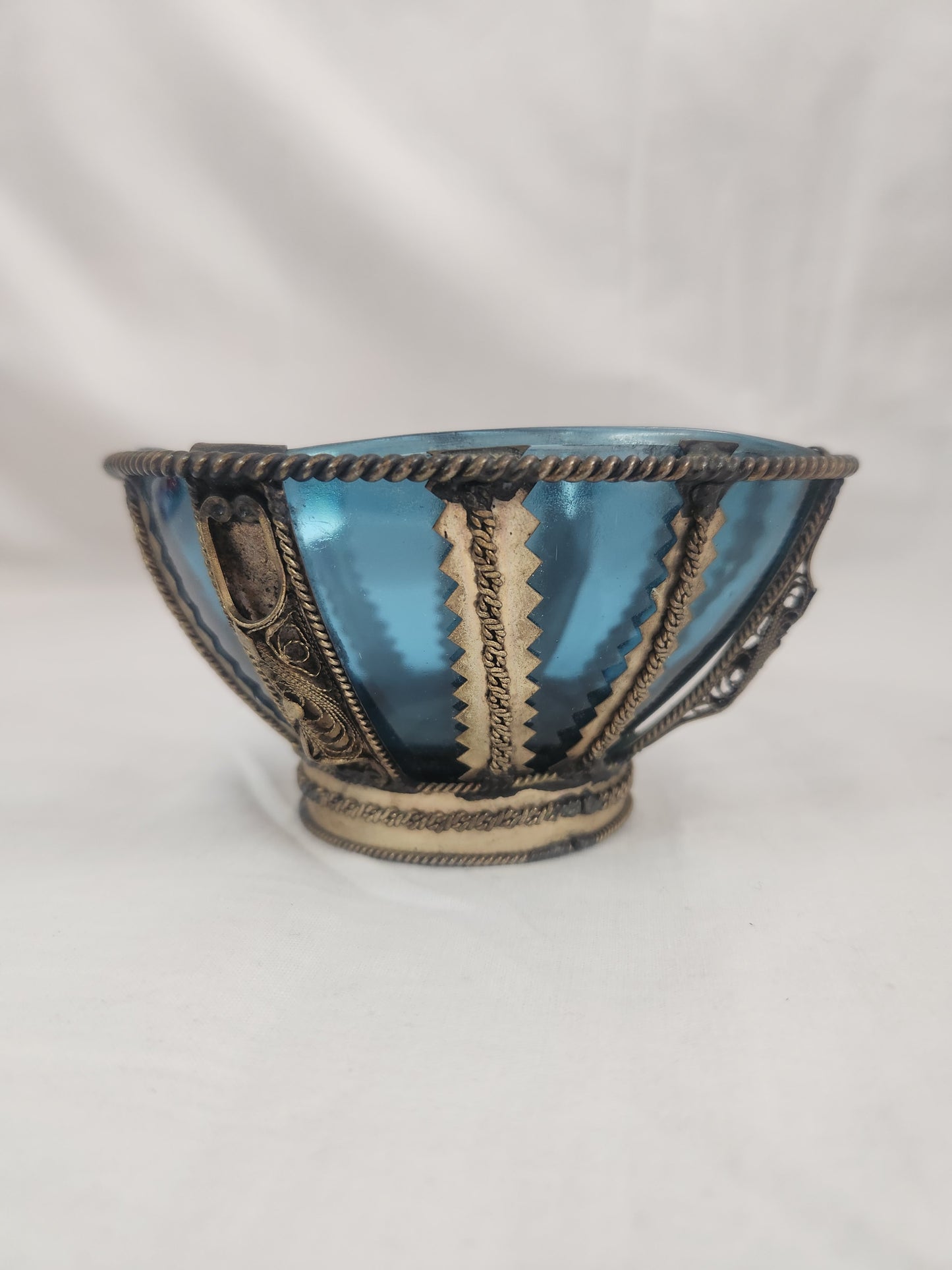 Vintage - Vereco France Blue Glass Bowl with Silver Metal Overlay