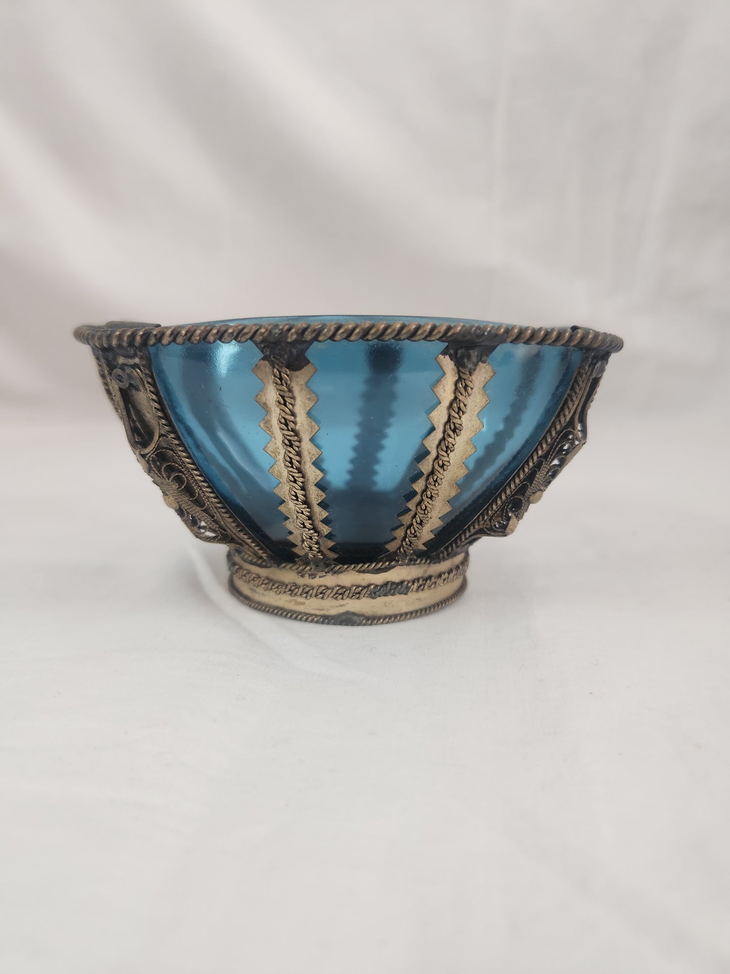 Vintage - Vereco France Blue Glass Bowl with Silver Metal Overlay