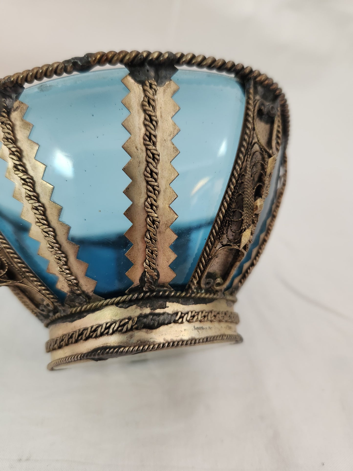 Vintage - Vereco France Blue Glass Bowl with Silver Metal Overlay