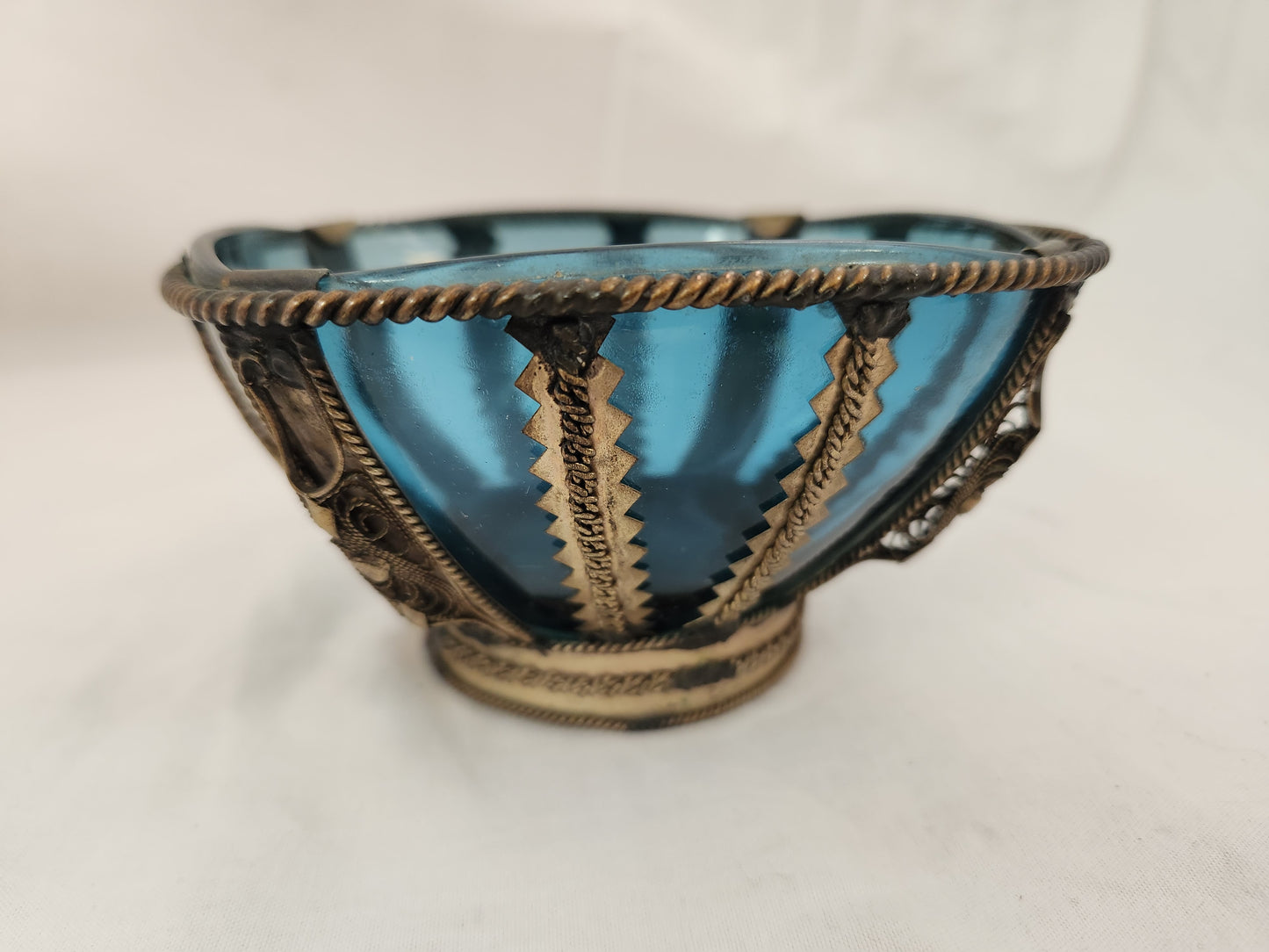 Vintage - Vereco France Blue Glass Bowl with Silver Metal Overlay