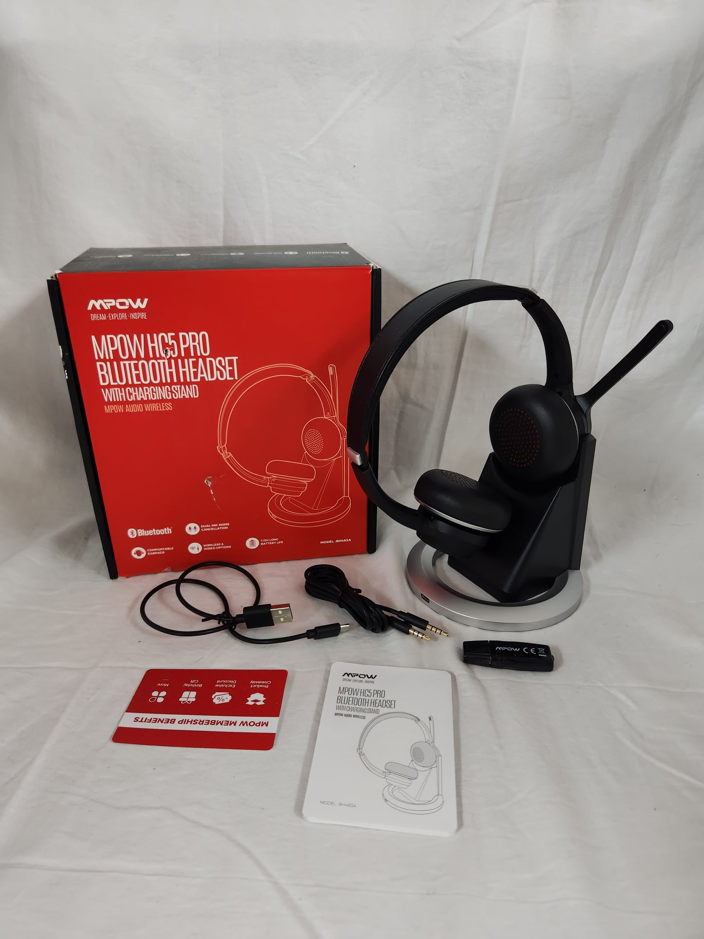 MPOW HC5 Pro Bluetooth Headset with Charging Stand - Model: BH483A