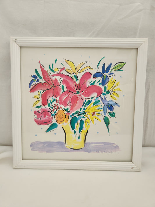 Sally Huss 12x12 Framed Signed Print "Flowers in a Yellow Vase"