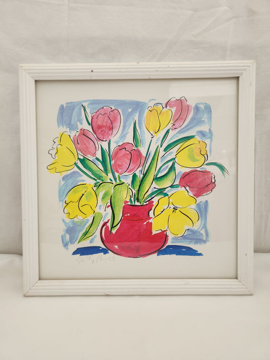 Sally Huss 12x12 Framed Signed Print "Flowers in a Red Vase"