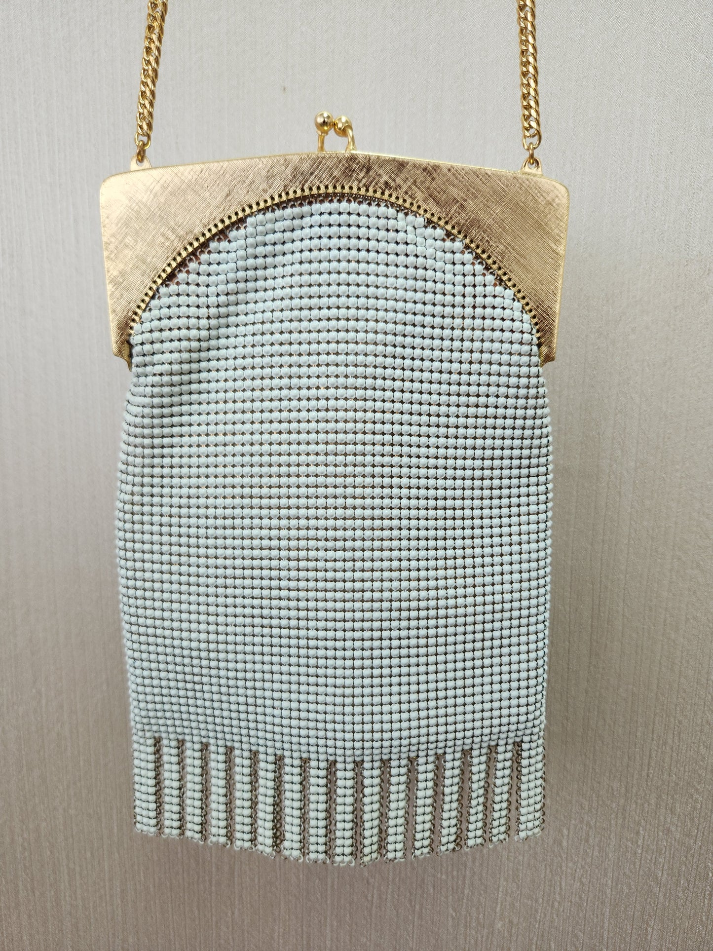 Vintage - Whiting & Davis Co Gold Mesh & White Enamel Fringed Flapper Bag