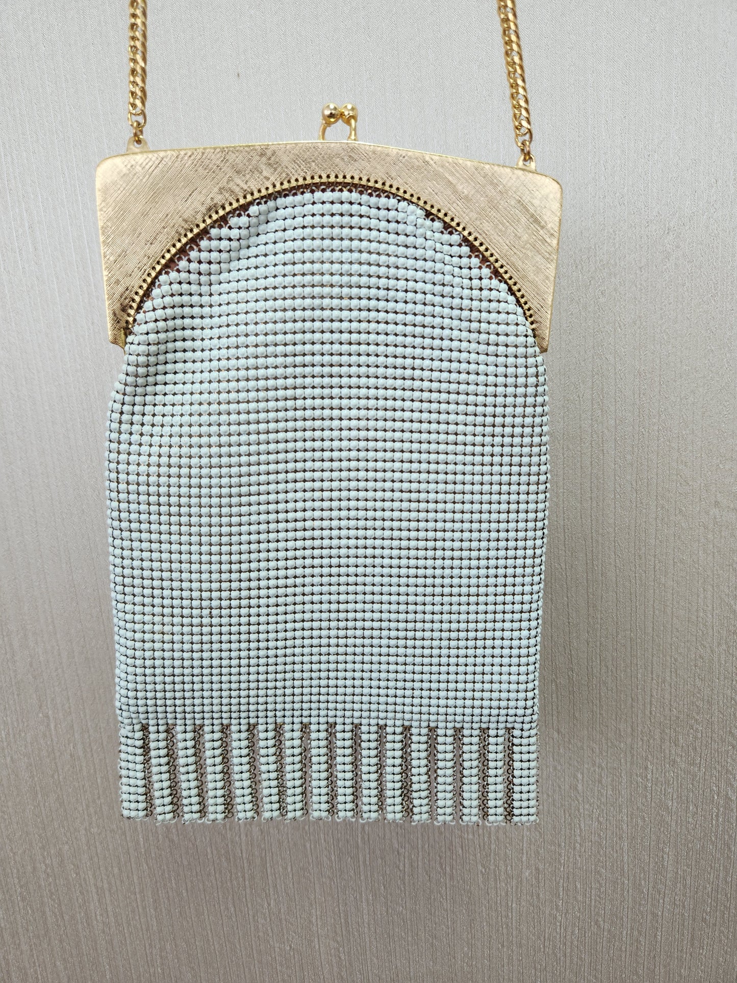 Vintage - Whiting & Davis Co Gold Mesh & White Enamel Fringed Flapper Bag