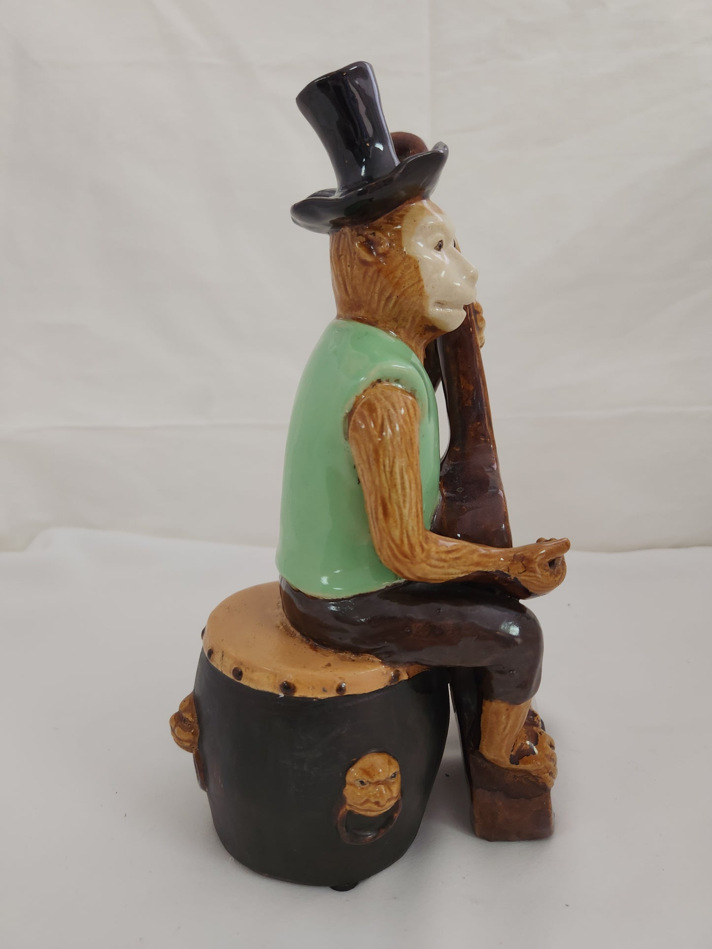 Monkey Playing a Cello Sitting On Drum Table Top Ceramic Figure