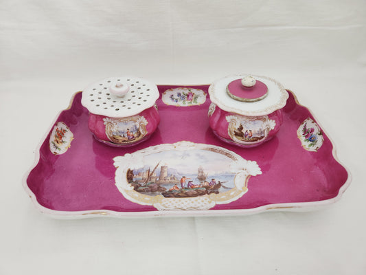 RARE - Meissen Fuschia Desk Tray, Pounce Pot & Inkwell Set (flaws)