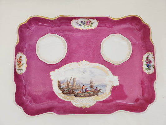 RARE - Meissen Fuschia Desk Tray, Pounce Pot & Inkwell Set (flaws)