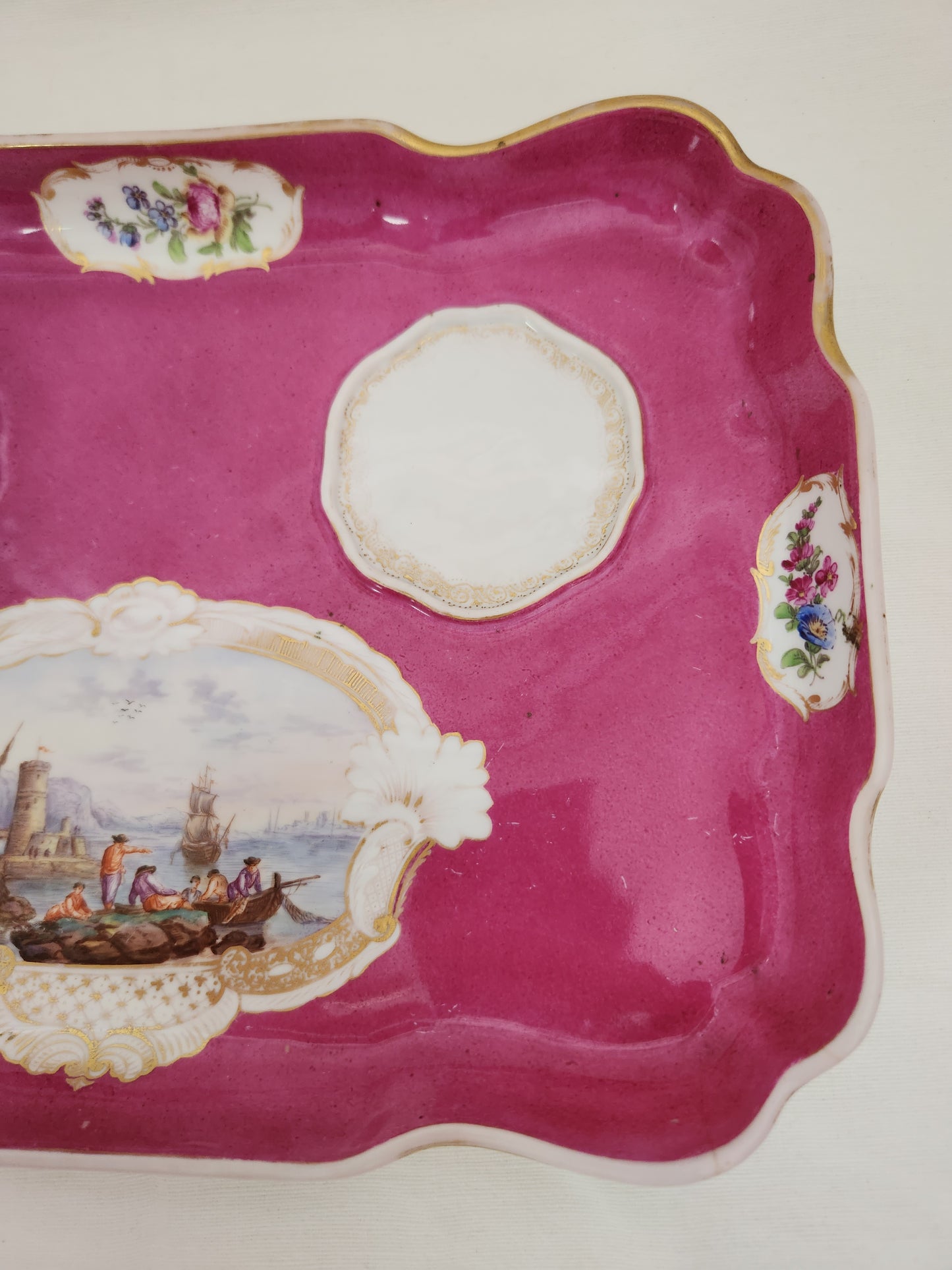 RARE - Meissen Fuschia Desk Tray, Pounce Pot & Inkwell Set (flaws)