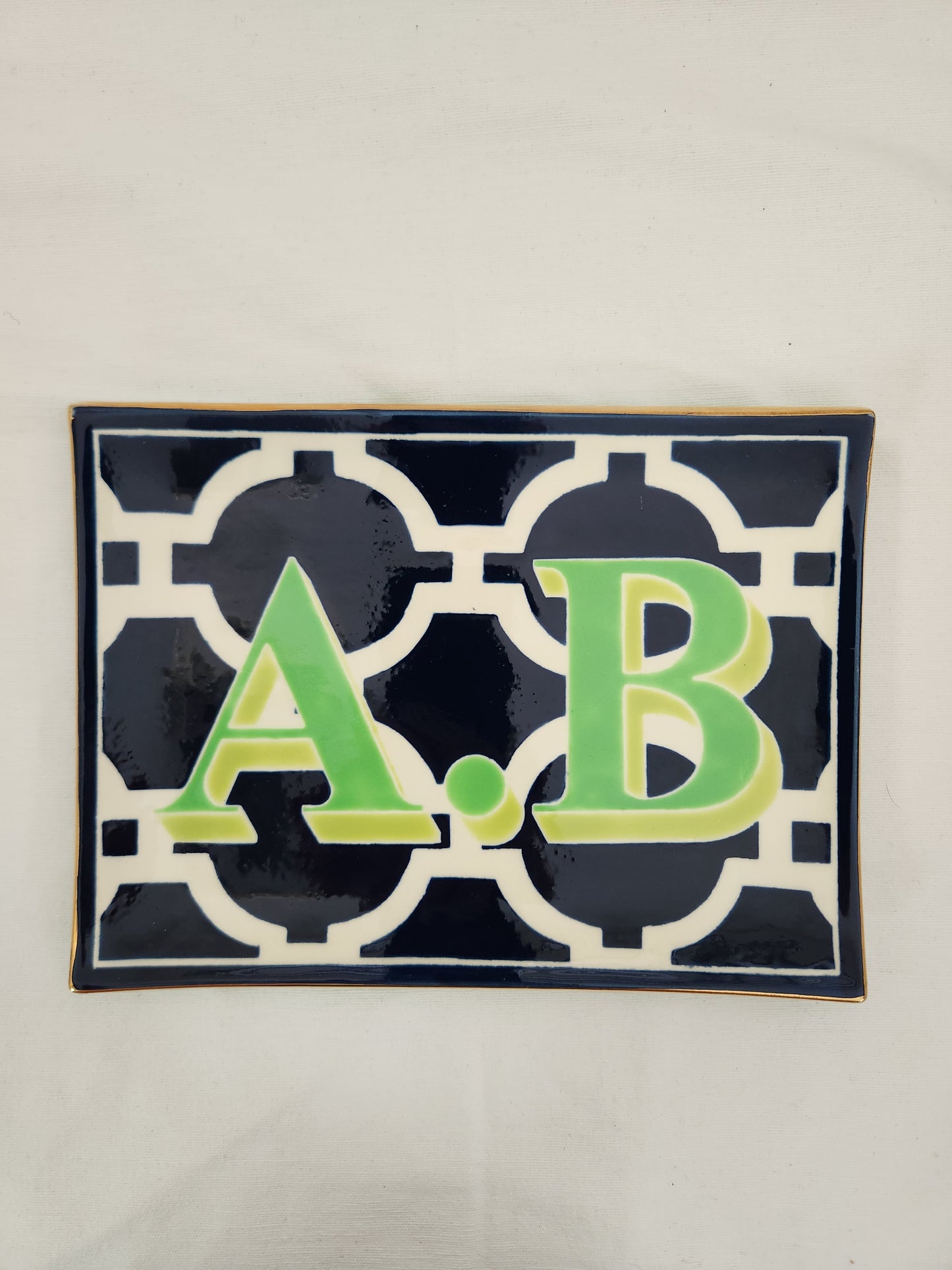 Jill Rosenwald Ceramic "A.B" Letter Tray with Gold Trim - Signed
