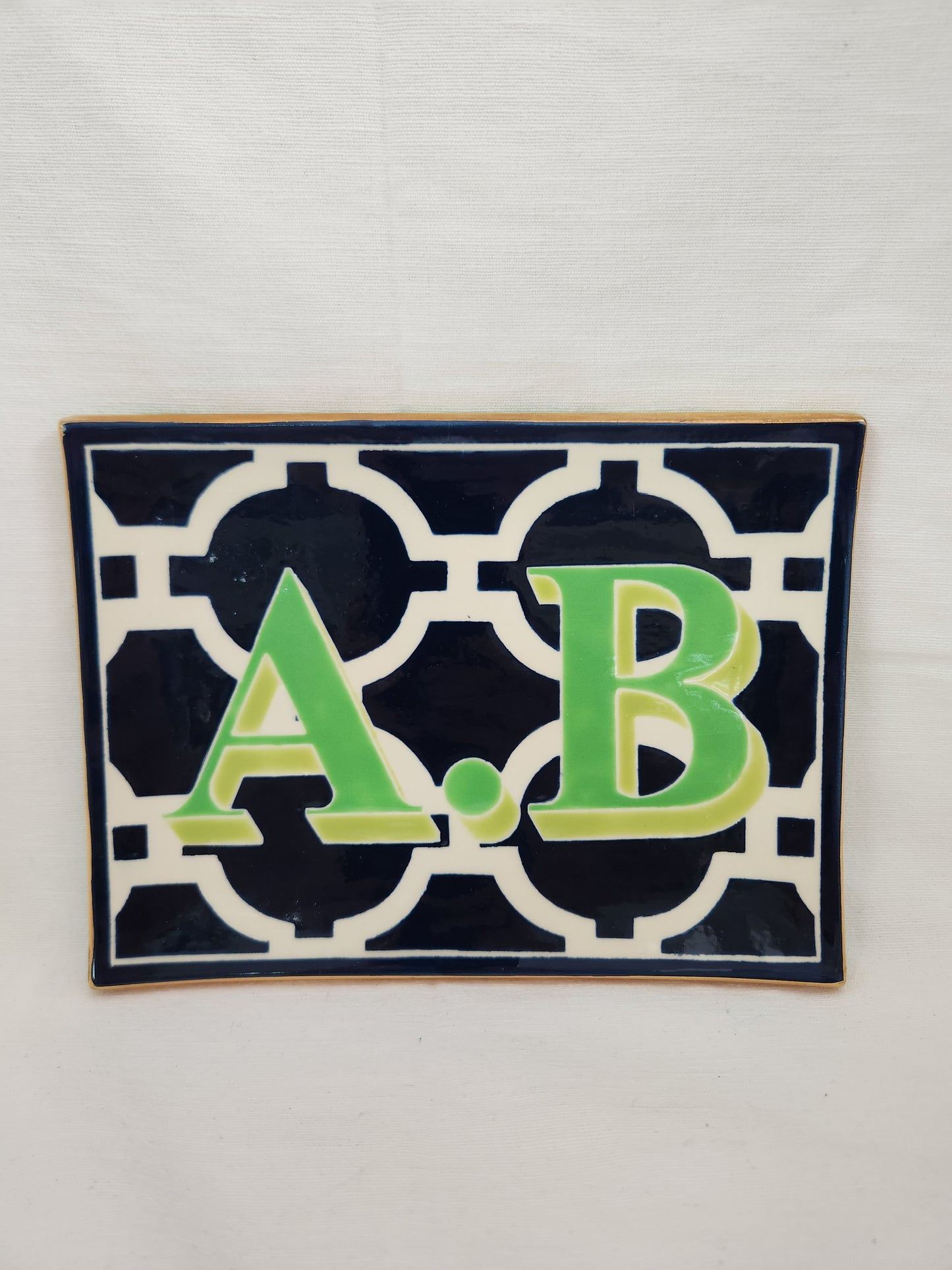 Jill Rosenwald Ceramic "A.B" Letter Tray with Gold Trim - Signed