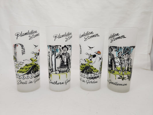 Set of 4 - Libbey Plantation Scenes Frosted Tea Glasses