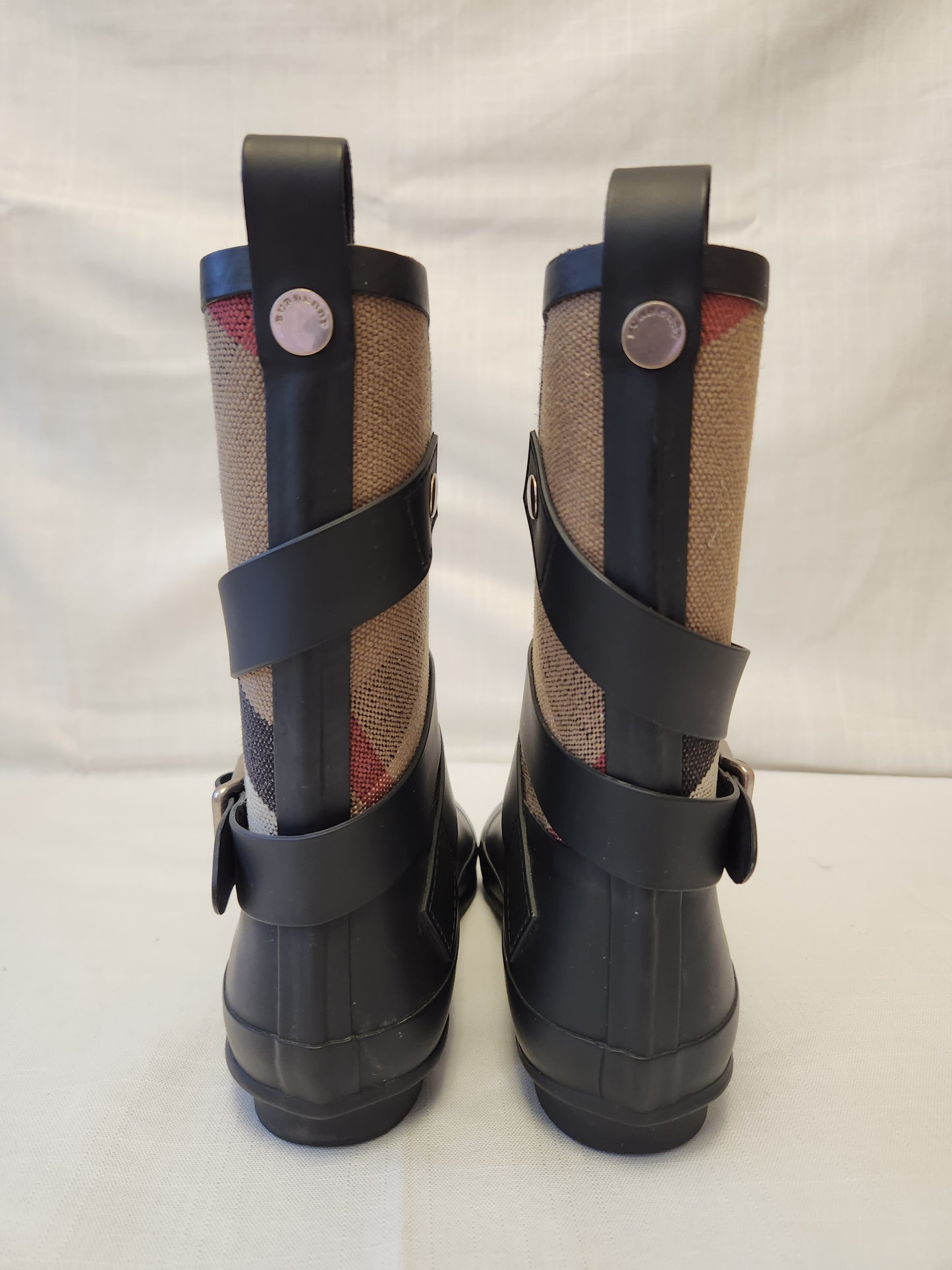 Burberry "Holloway" Mid Buckle Canvas Check Rubber Rain Boots - Size: 37 (US 6-1/2)