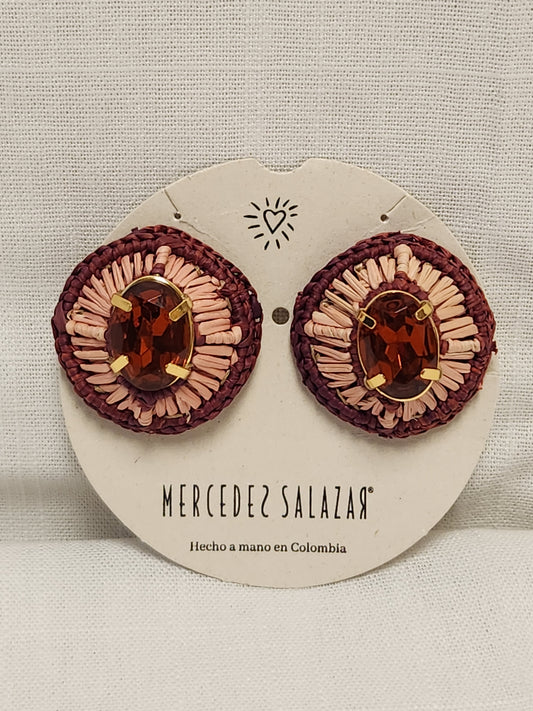 NWT - Mercedes Salazar Woven Raffia Clip-on Earrings with Ruby Red Stone