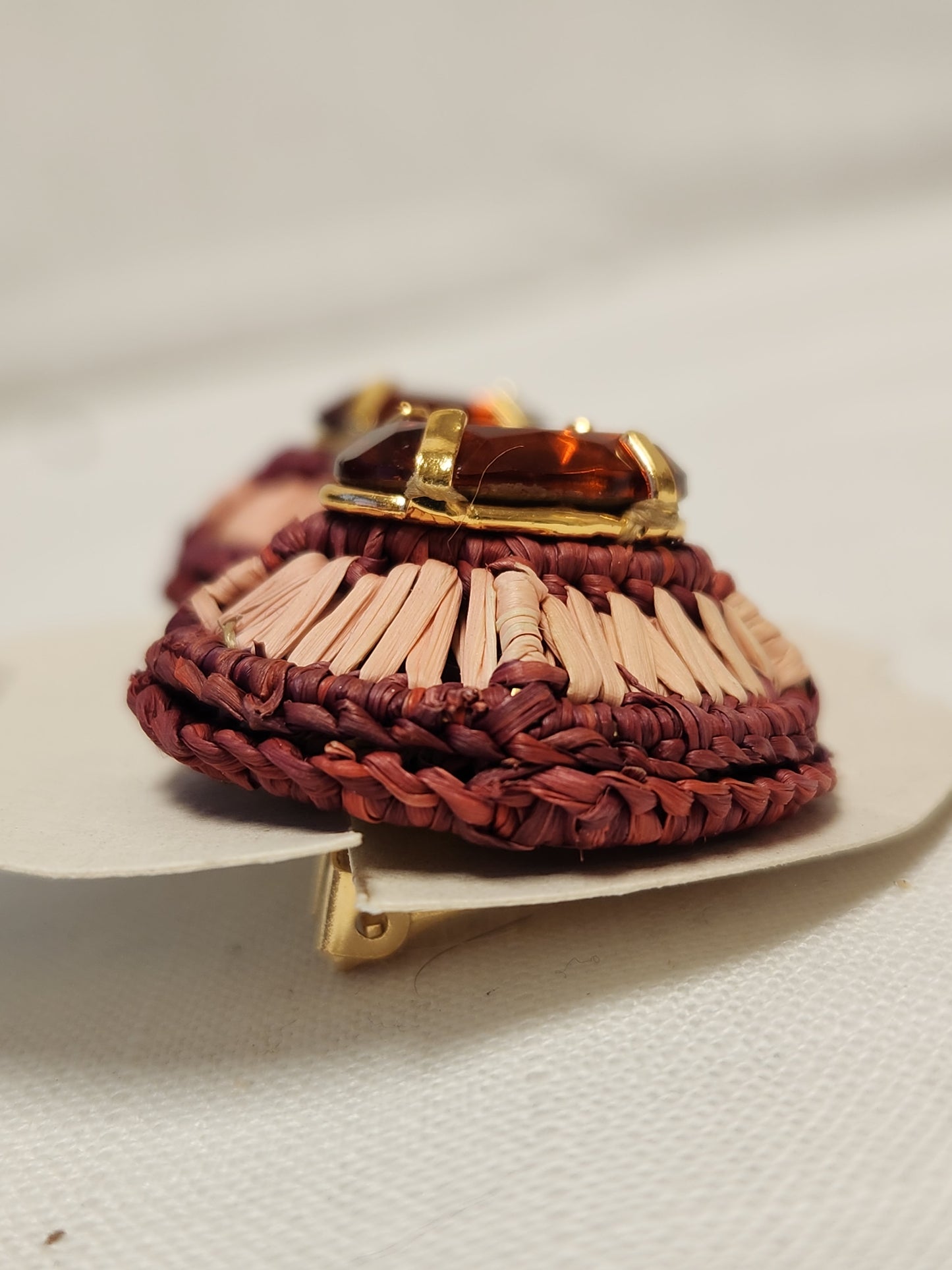 NWT - Mercedes Salazar Woven Raffia Clip-on Earrings with Ruby Red Stone