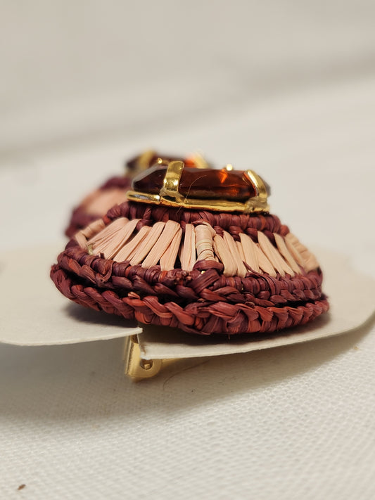 NWT - Mercedes Salazar Woven Raffia Clip-on Earrings with Ruby Red Stone