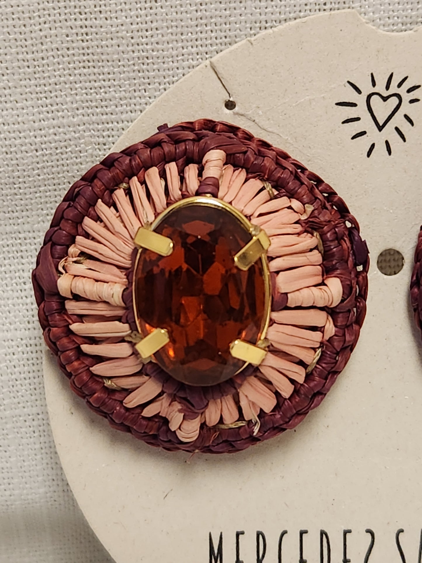 NWT - Mercedes Salazar Woven Raffia Clip-on Earrings with Ruby Red Stone