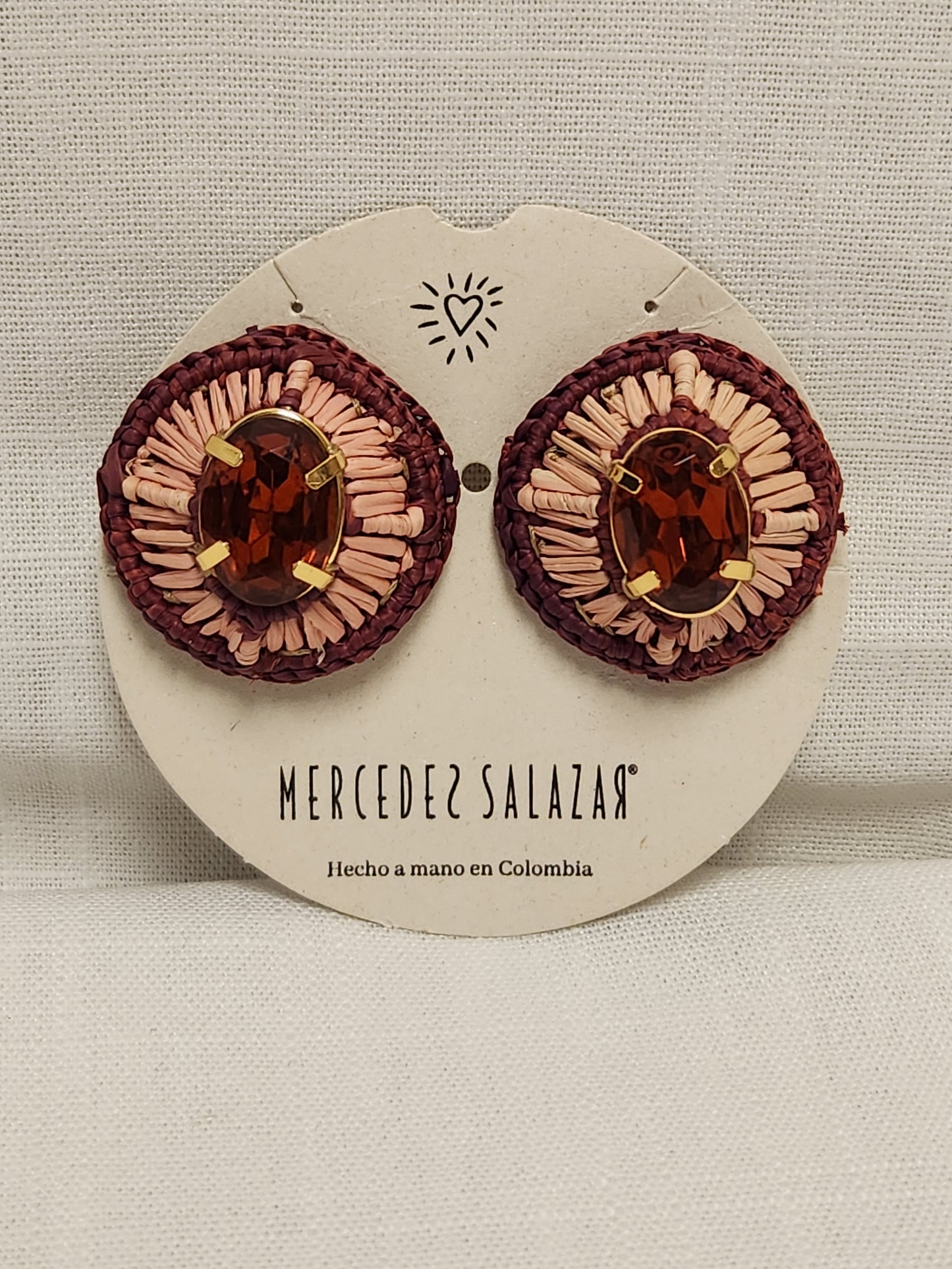 NWT - Mercedes Salazar Woven Raffia Clip-on Earrings with Ruby Red Stone