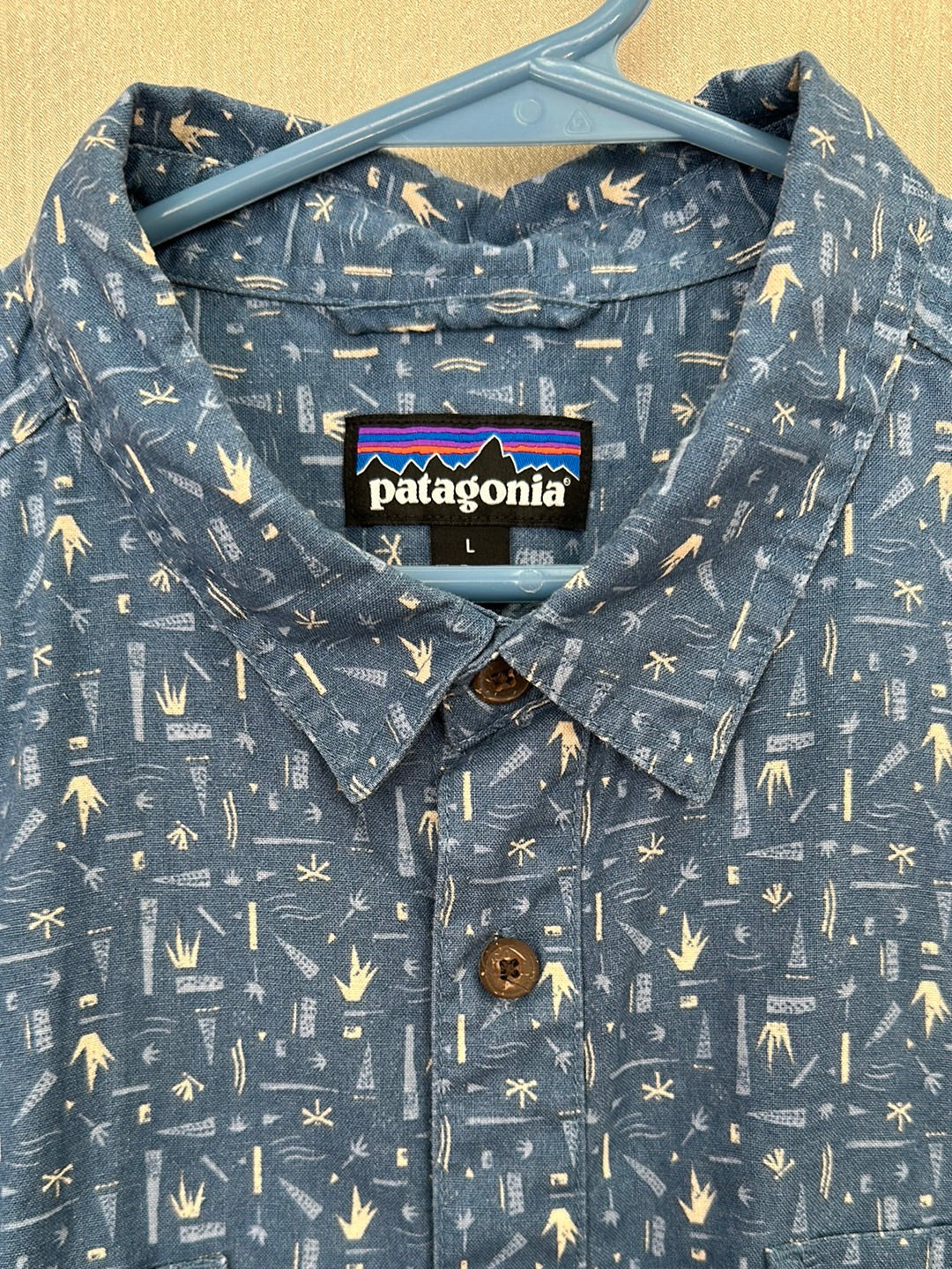 PATAGONIA blue print Hemp Organic Cotton Button Up Short Sleeve Shirt - L