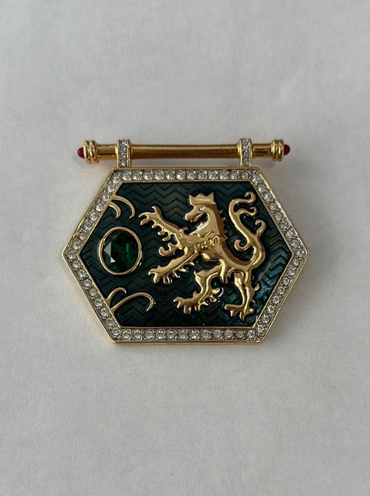 Rare SWAROVSKI gold tone & green Enamel Crystal 1980s Griffin Shield Brooch