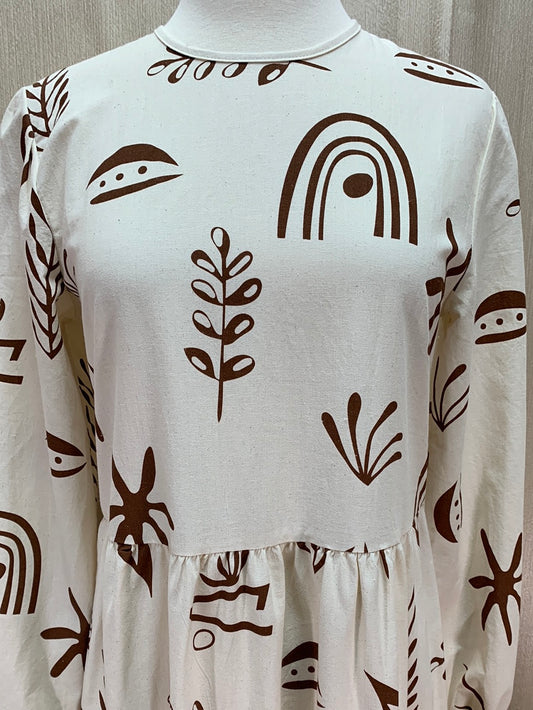 NWT - SEVITLI natural brown Print Cotton Linen Long Sleeve Maxi Dress - 36