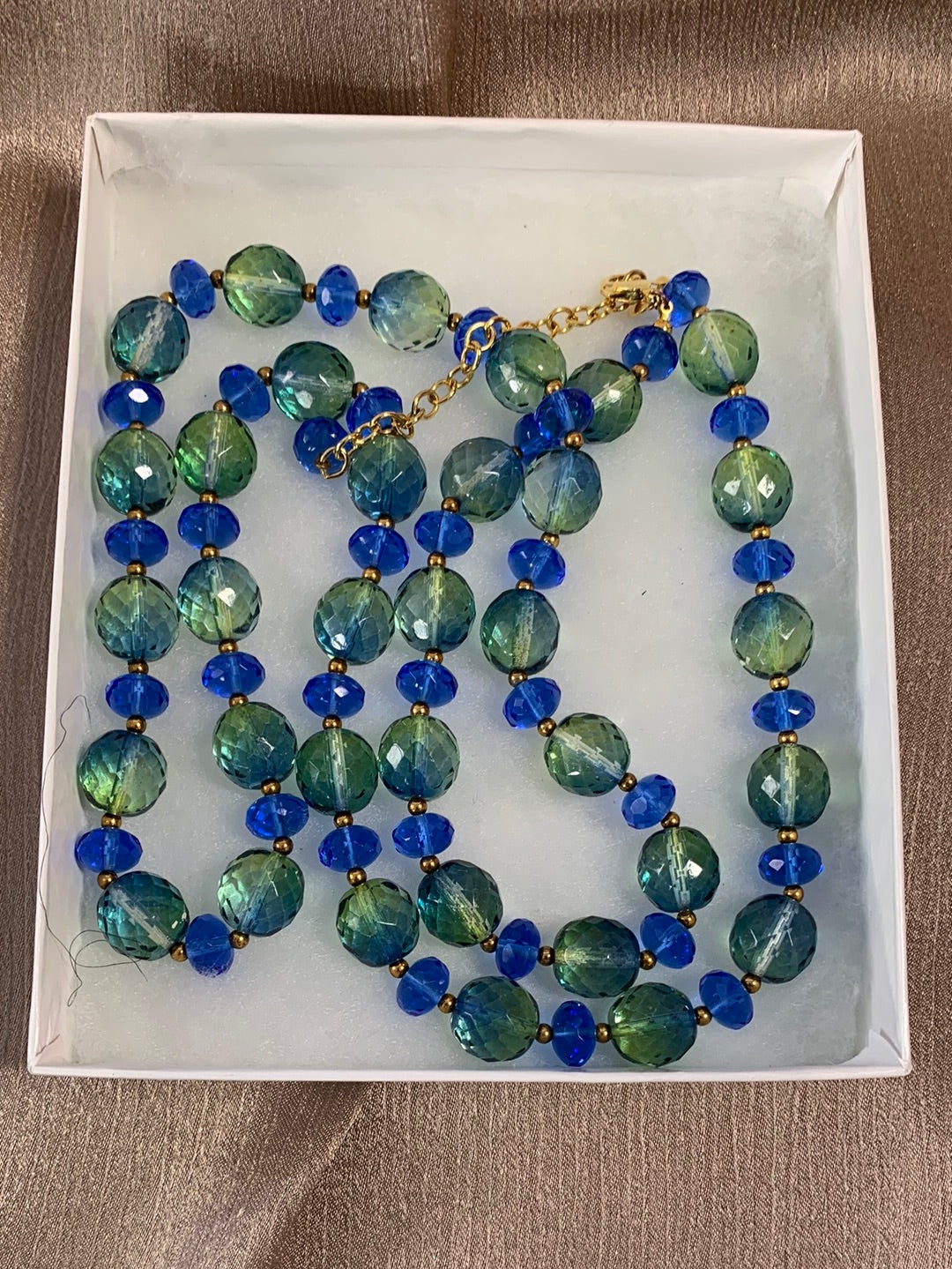 JOAN RIVERS green blue gold Faceted Glass Bead Necklace - 35.5" - 38.5"