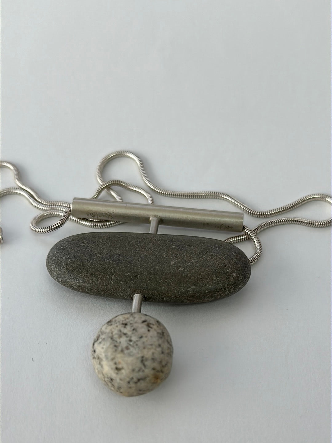 ELIZABETH NOWERS Brushed Sterling Silver Maine Beach Stone Pendant Necklace