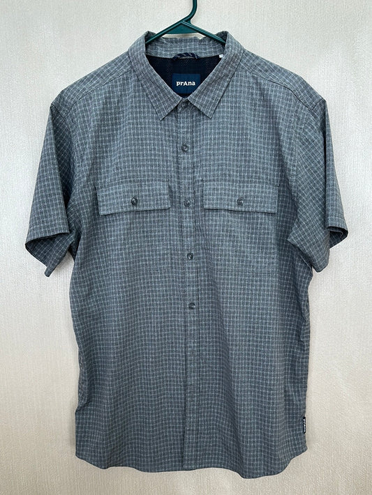 PRANA grey Plaid Vented Button Up Short Sleeve Shirt - Men's L