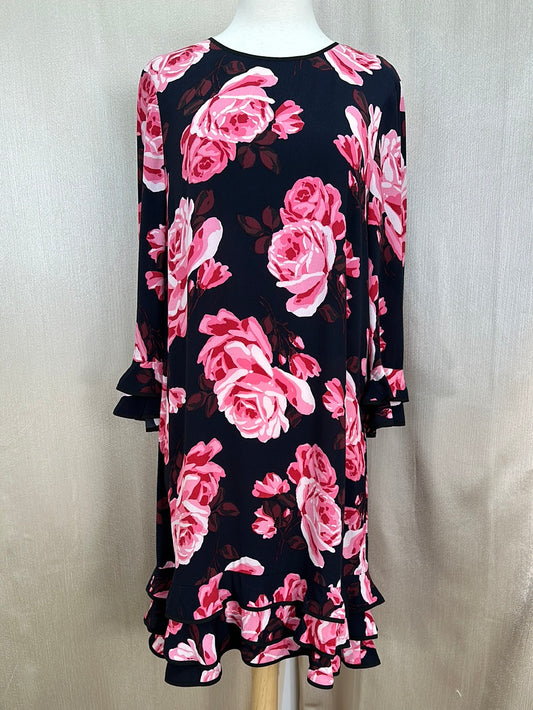 KATE SPADE pink black Rambling Roses Ruffle 3/4 Sleeve Shift Rosa Dress - M