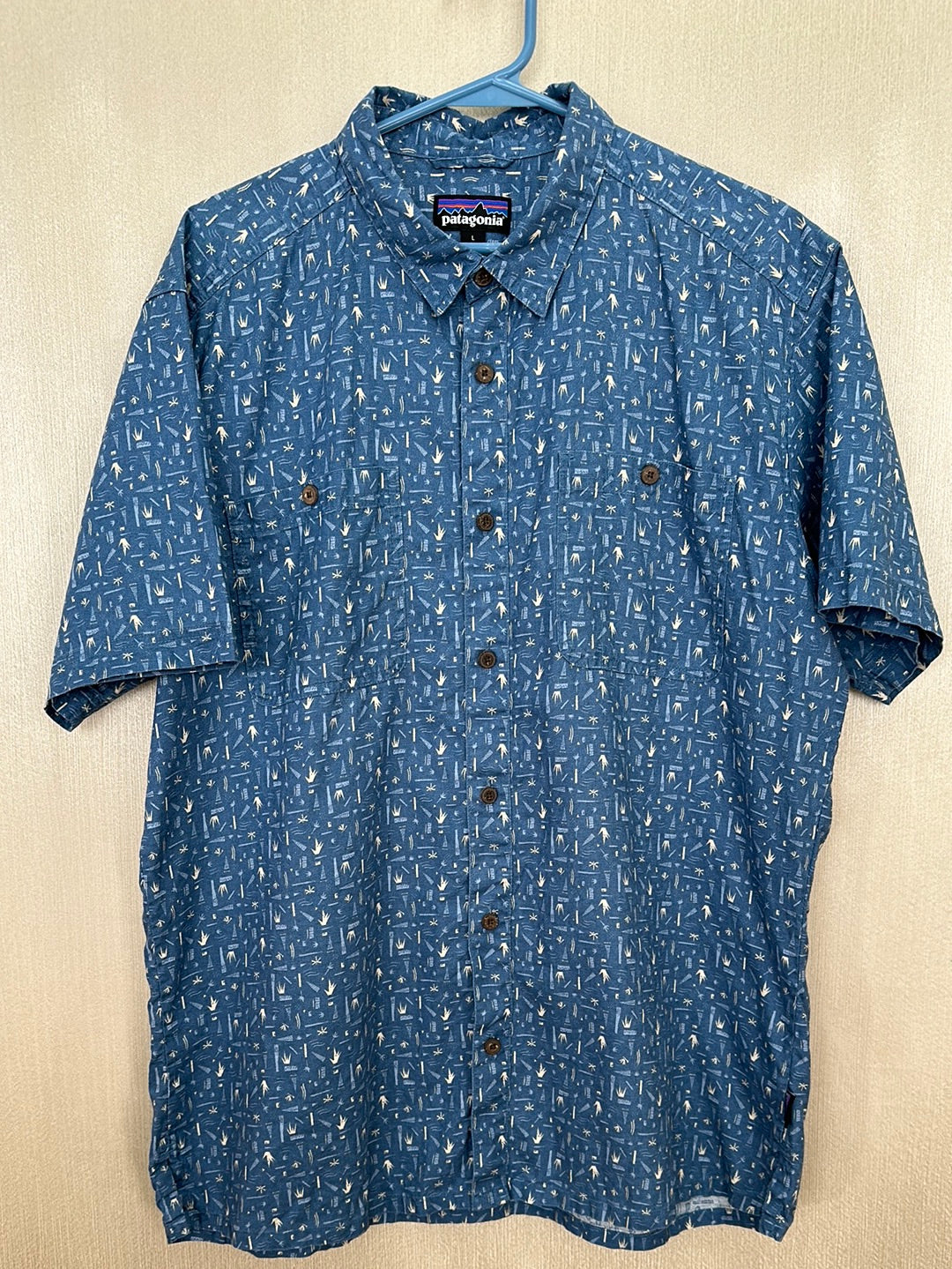 PATAGONIA blue print Hemp Organic Cotton Button Up Short Sleeve Shirt - L