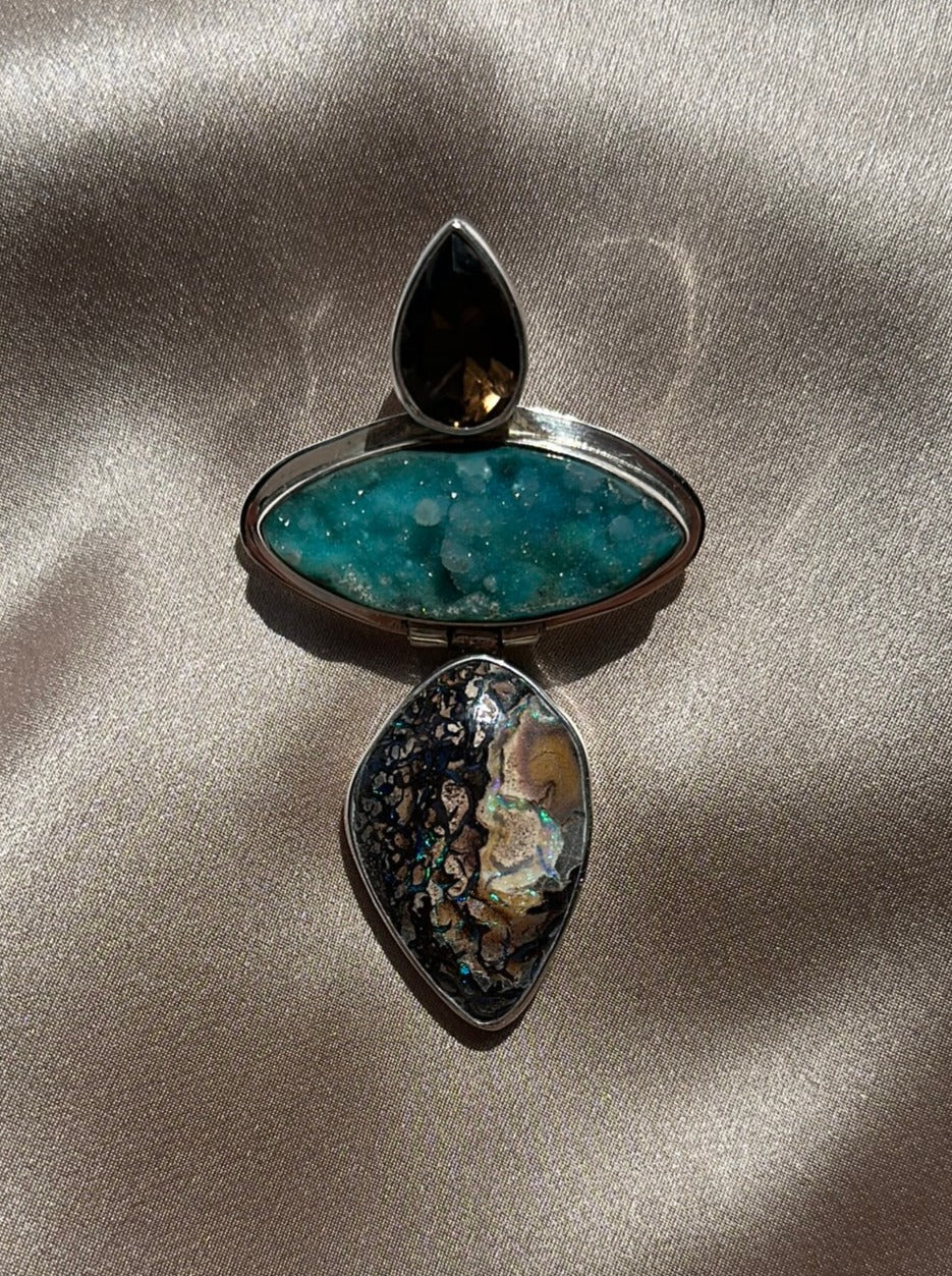 ECHO OF THE DREAMER Sterling Smokey Quartz Druzy Boulder Opal Brooch Pendant