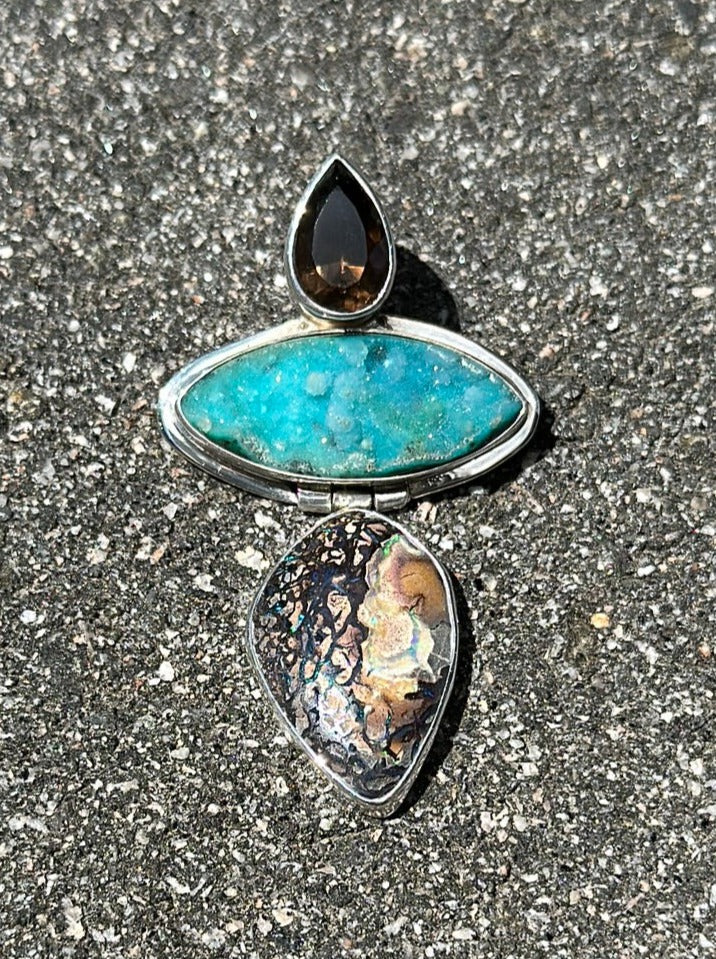 ECHO OF THE DREAMER Sterling Smokey Quartz Druzy Boulder Opal Brooch Pendant