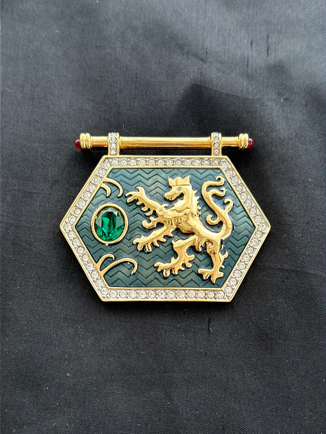 Rare SWAROVSKI gold tone & green Enamel Crystal 1980s Griffin Shield Brooch