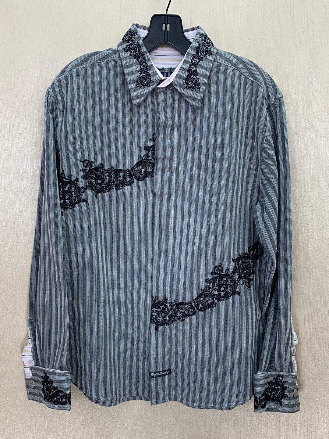 ENGLISH LAUNDRY black white stripe Hand Sewn Embroidered Shirt - M