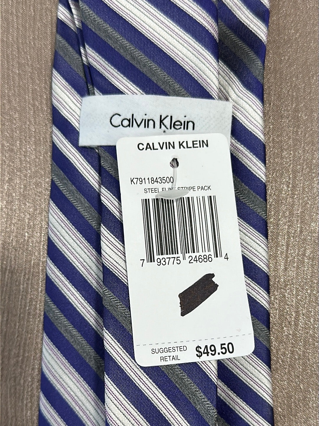 NWT - CALVIN KLEIN purple flint gray Stripe 100% Silk Necktie - 3.5" x 57"