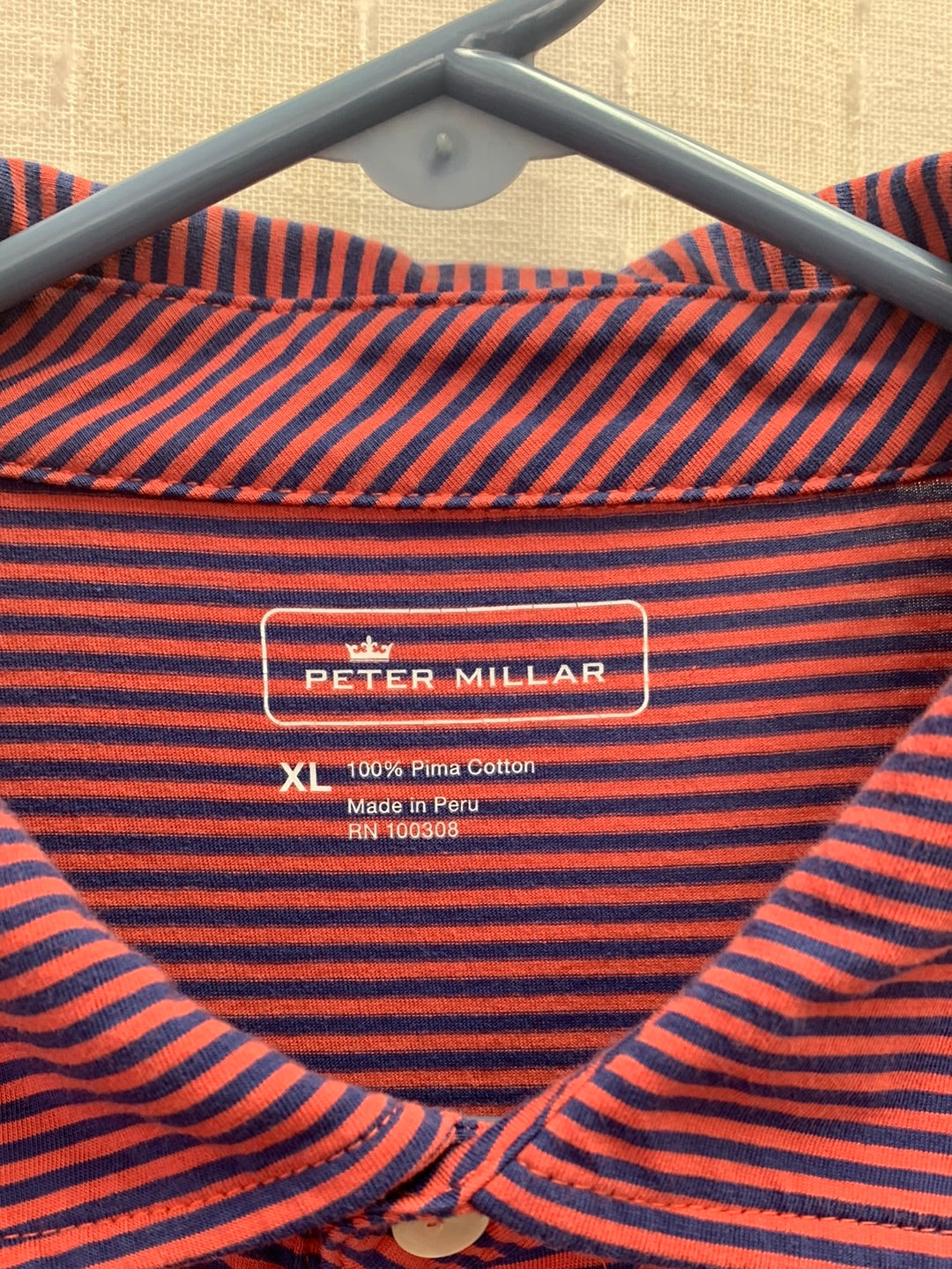 PETER MILLAR navy red stripe Pima Cotton Short Sleeve Polo Shirt - XL