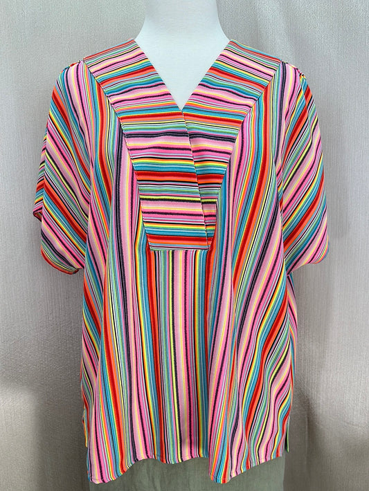 IVY JANE neon multicolor Stripe Oversized V-Neck Short Sleeve Top - S/M