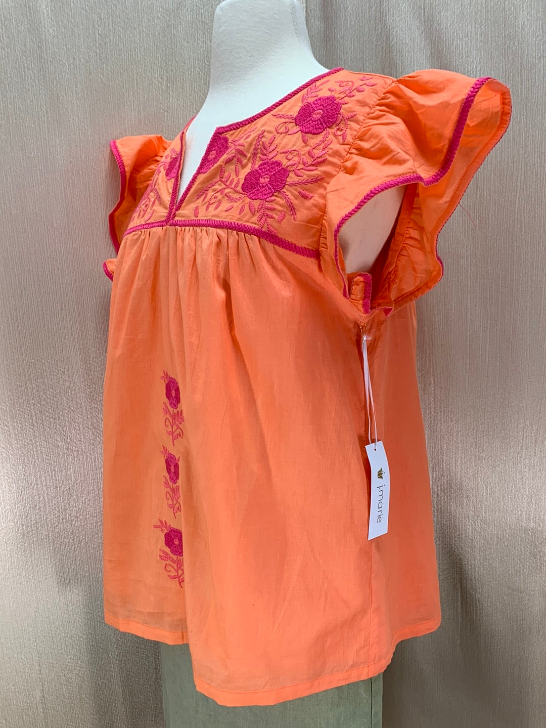 NWT - J MARIE orange pink Embroidered Flutter Sleeve Lined Krista Top - M