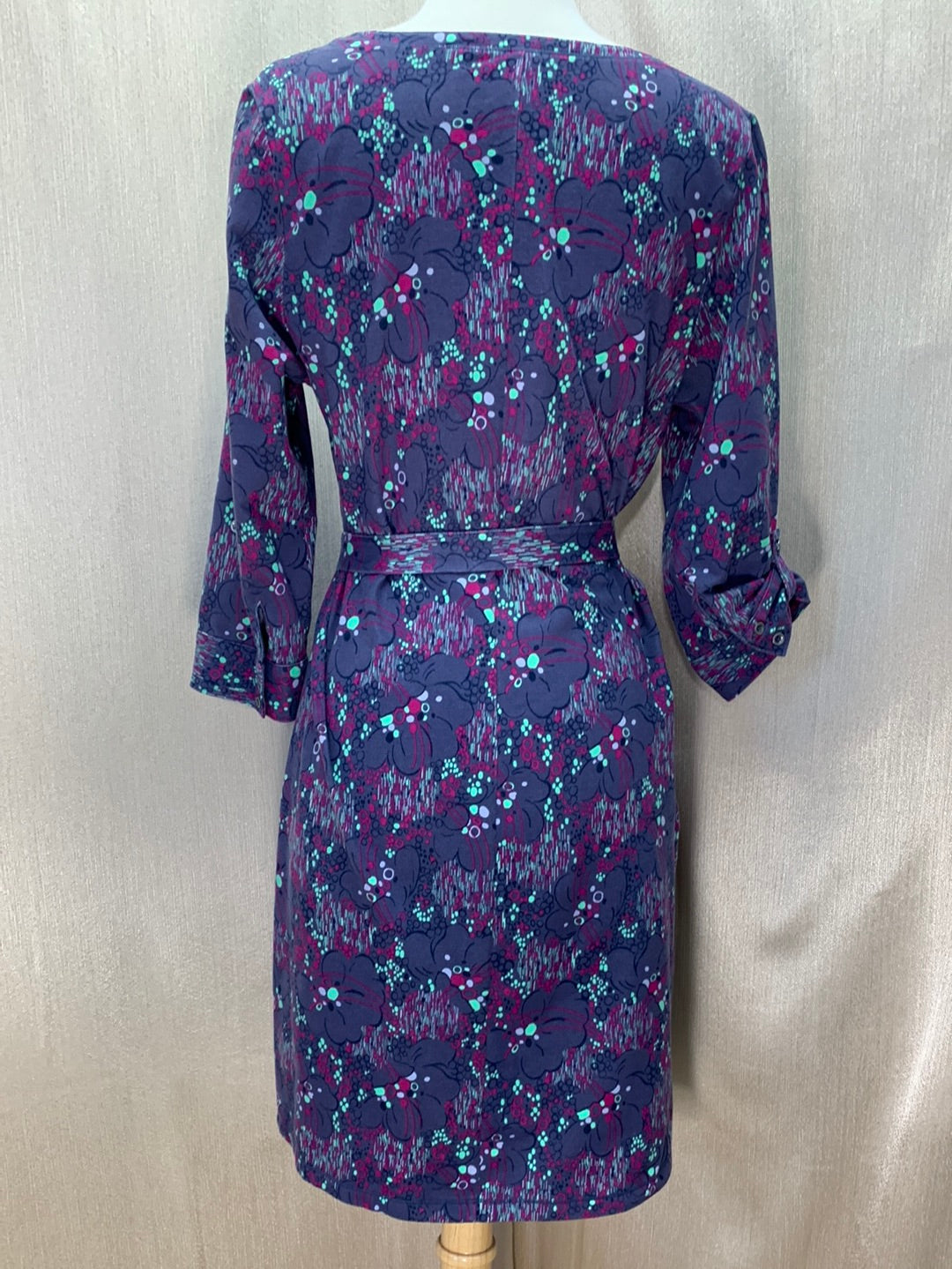 REI purple floral Henley Neck Belted 3/4 Tab Sleeve Casual Dress - M