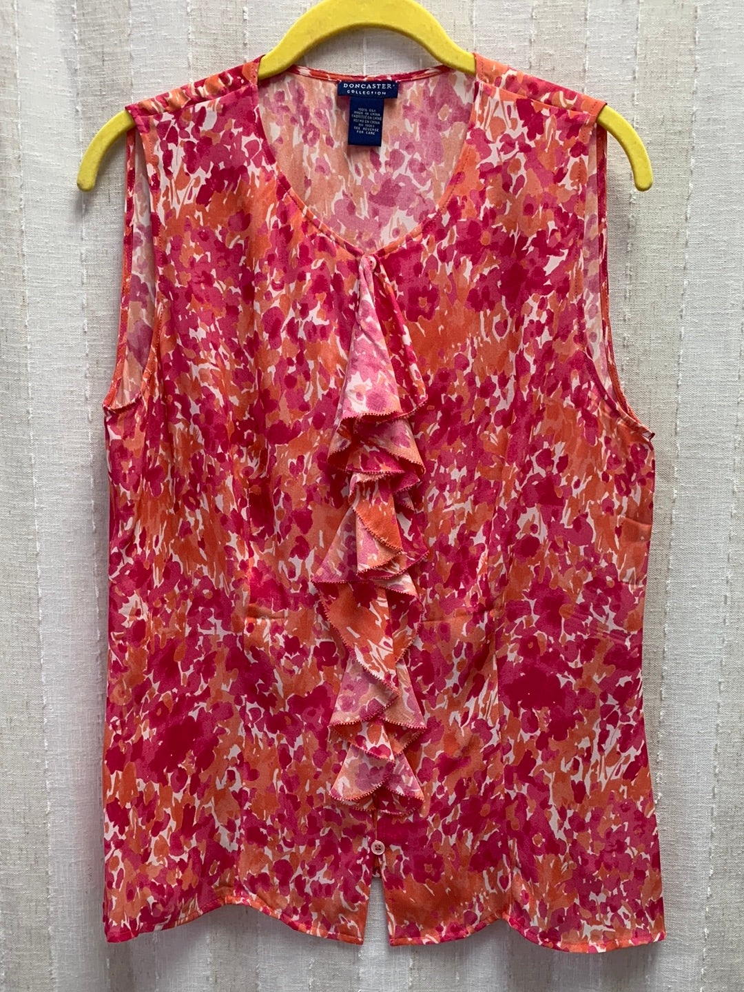 DONCASTER pink orange print 100% Silk Sleeveless Button Up Ruffle Blouse - 10