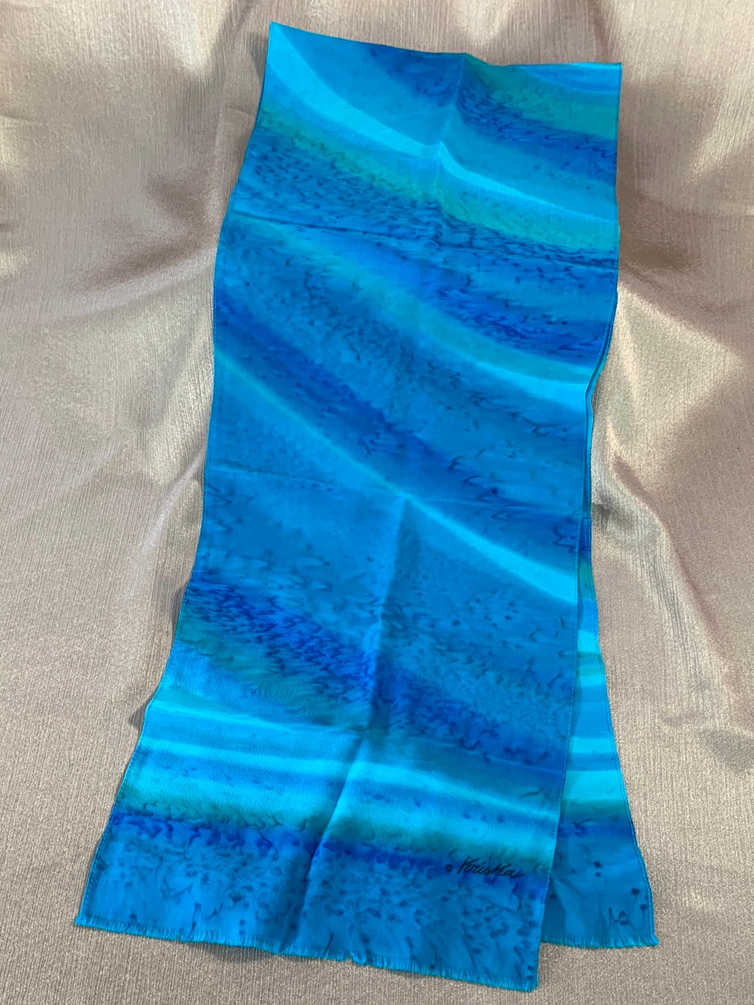 KRISKA Signed blue seafoam Silk Handpainted Rectangular Scarf - 52x10"