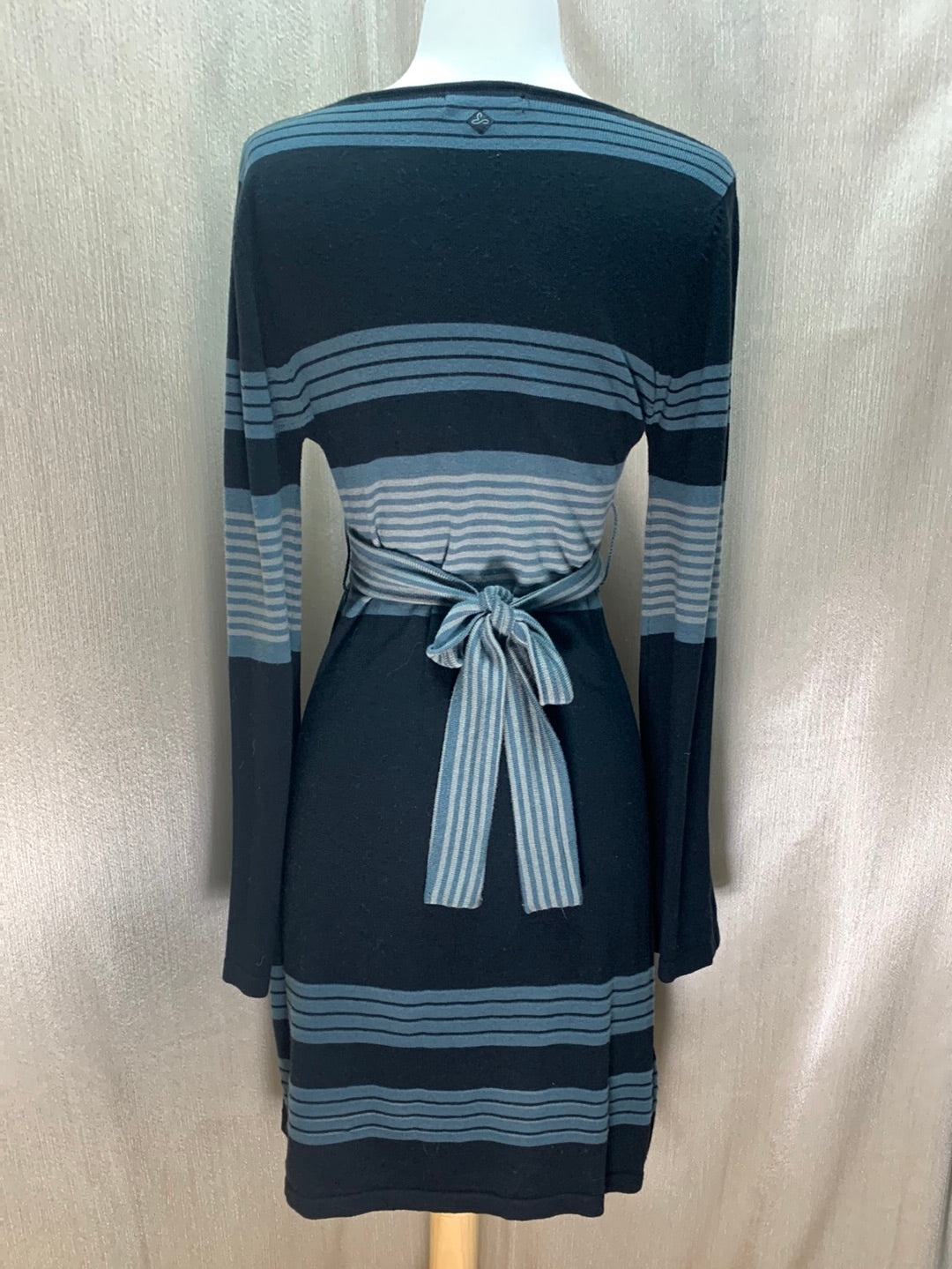 PRANA black blue Stripe Bell Sleeve Belted Sydney Sweater Dress - M