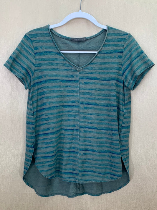 CUT LOOSE sage blue Watercolor Stripe Linen Cotton Short Sleeve Top - XS