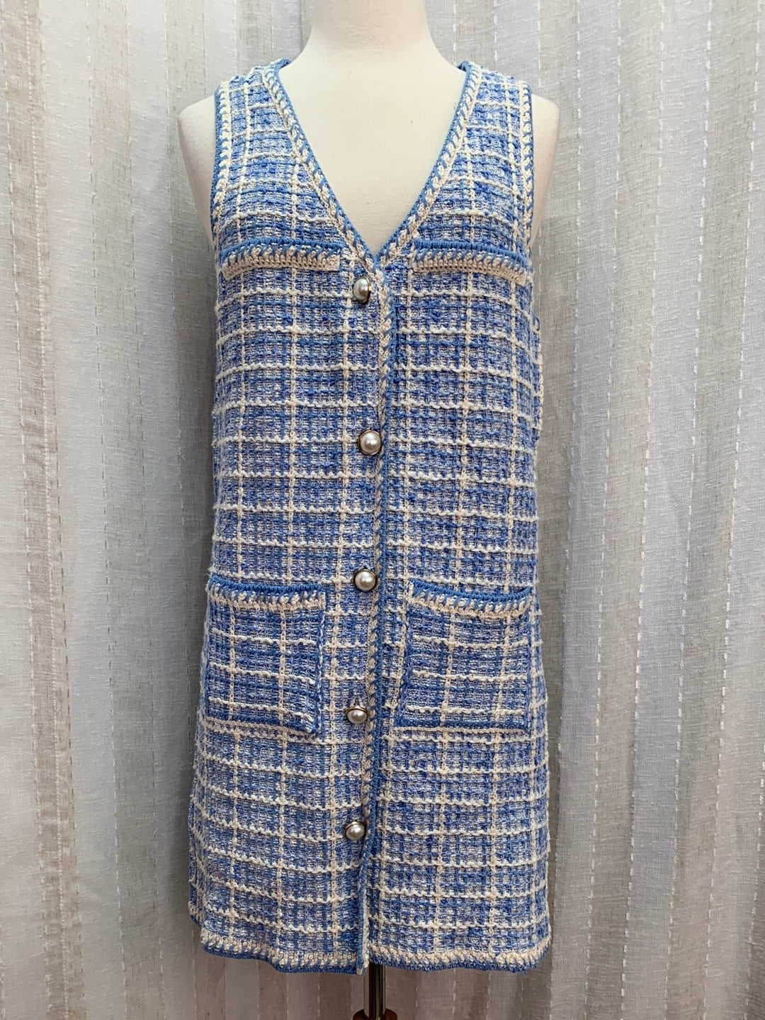 NWT - MANGO blue cream Sleeveless Button Front Tweed Pocket Dress - Small